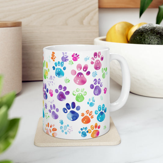 Cute Multi Color Paw Print 11oz Mug for Cat or Dog Lovers