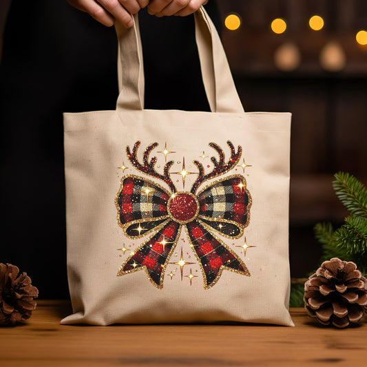 Canvas Tote - Christmas Bow with Reindeer Antlers