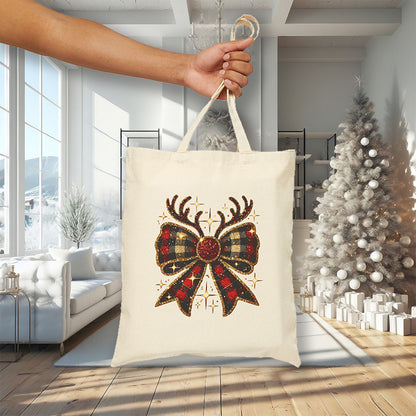 Canvas Tote - Christmas Bow with Reindeer Antlers