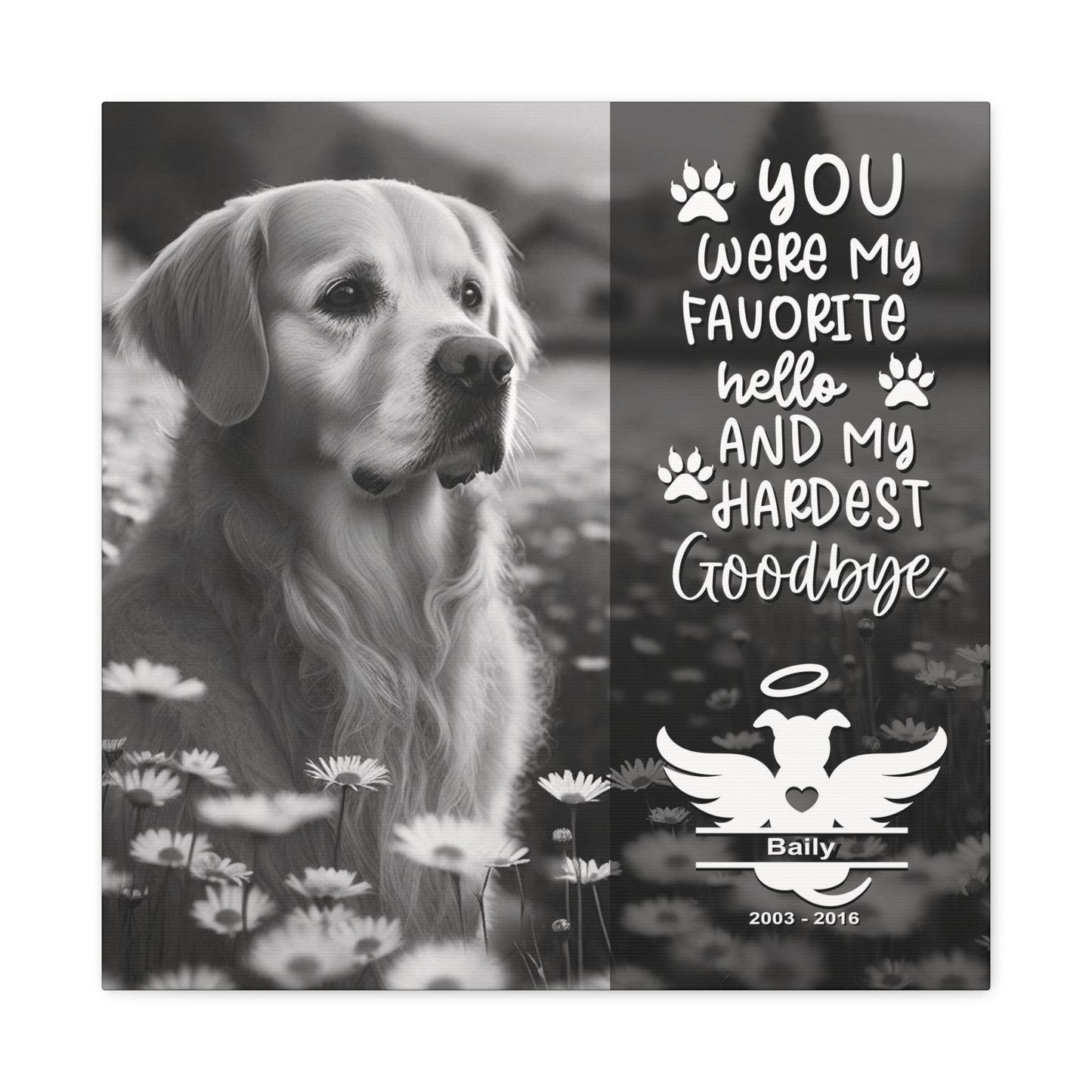 Beautiful Black & White Canvas Gallery Wrap Pet Memorial Wall Art