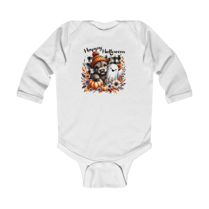 Highland Cow and Ghost Halloween Long Sleeve Infant Onesie