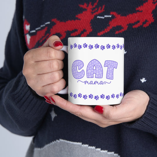 Cute Purple Paw Print Cat Mama Beverage Mug - 11oz