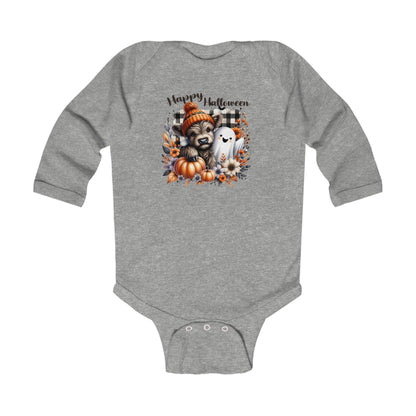 Highland Cow and Ghost Halloween Long Sleeve Infant Onesie