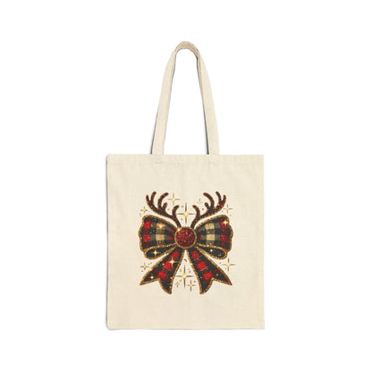 Canvas Tote - Christmas Bow with Reindeer Antlers