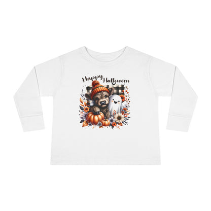 Highland Cow and Ghost Halloween Toddler Long Sleeve Tee