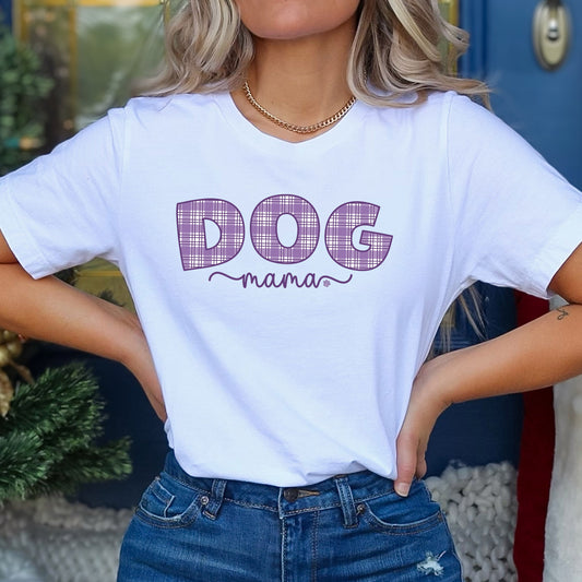 Cute Dog Mama Shirt in Purple Plaid Design.