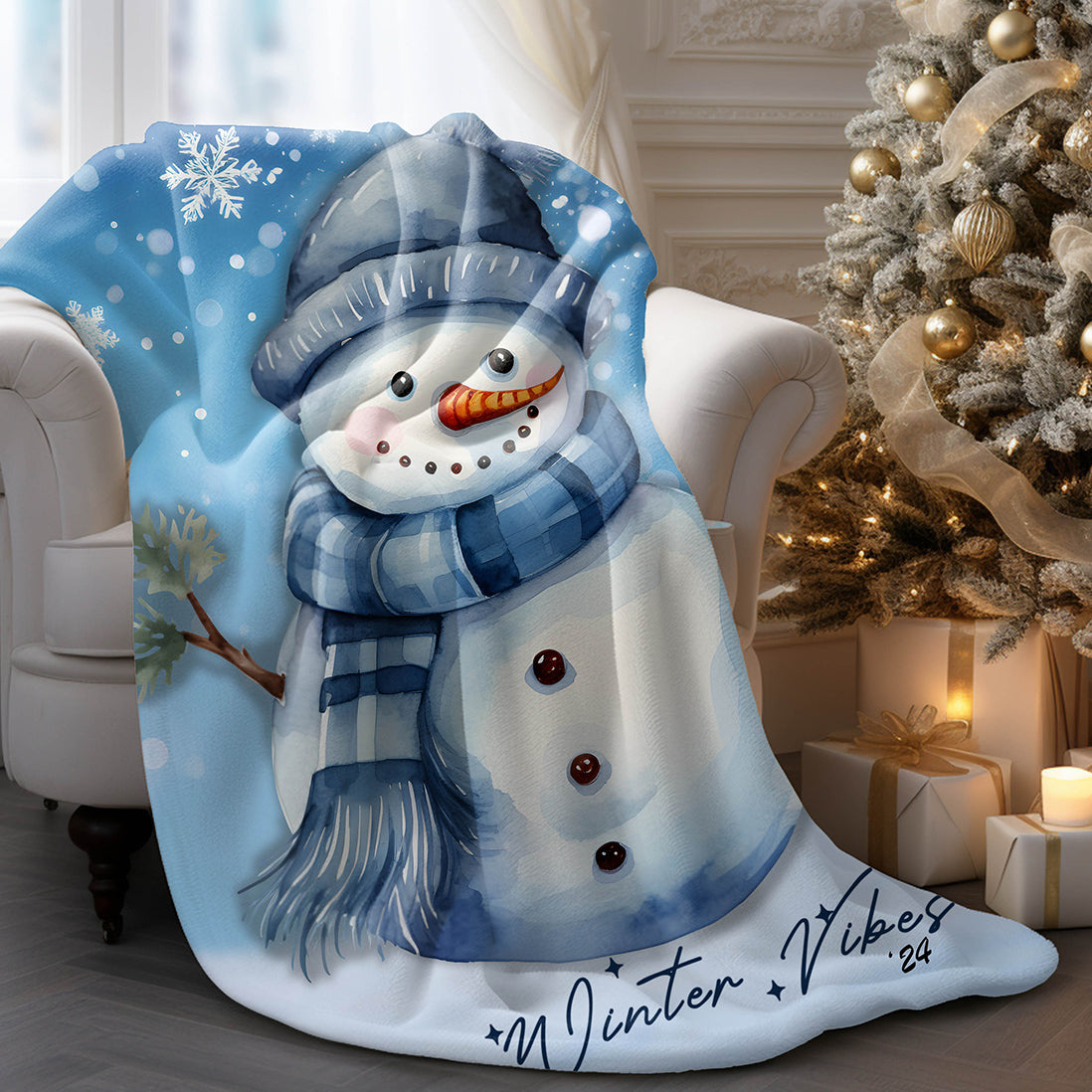 Velveteen Microfiber Blanket - Snowman in blues