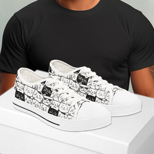 Men's Low Top Sneakers - Black & White Cat Pattern