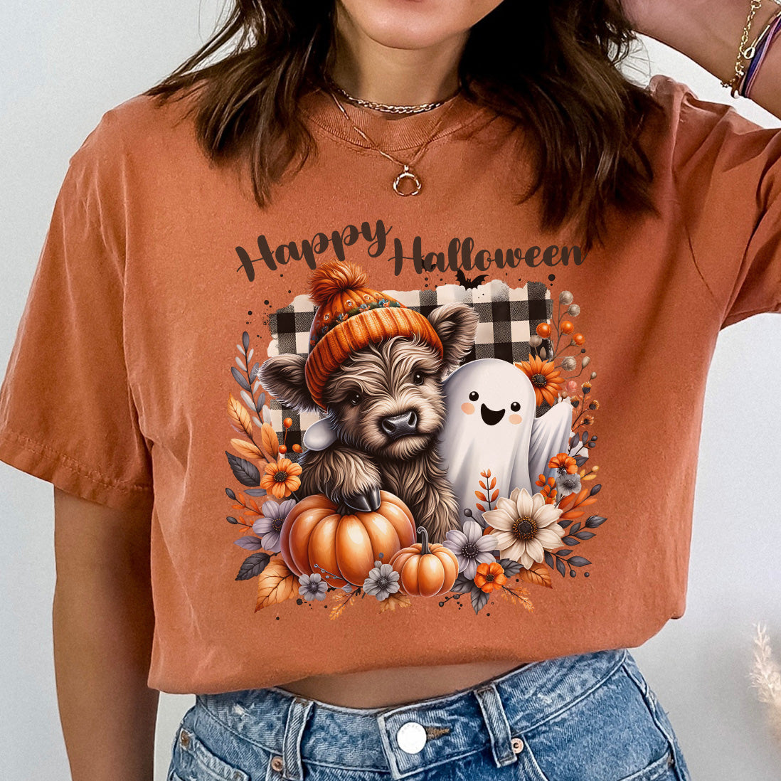 Highland Cow Ghost Halloween Adult T-shirt