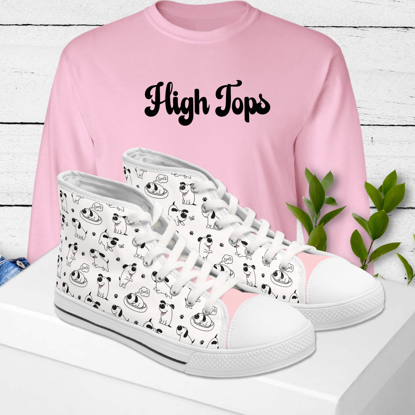 Women's Low or High Top Sneakers - Cute Black & White Cartoon Dog Pattern