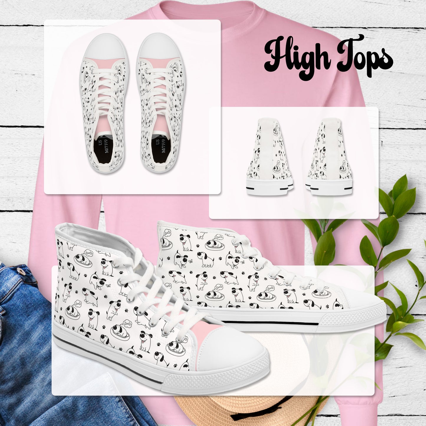 Women's Low or High Top Sneakers - Cute Black & White Cartoon Dog Pattern