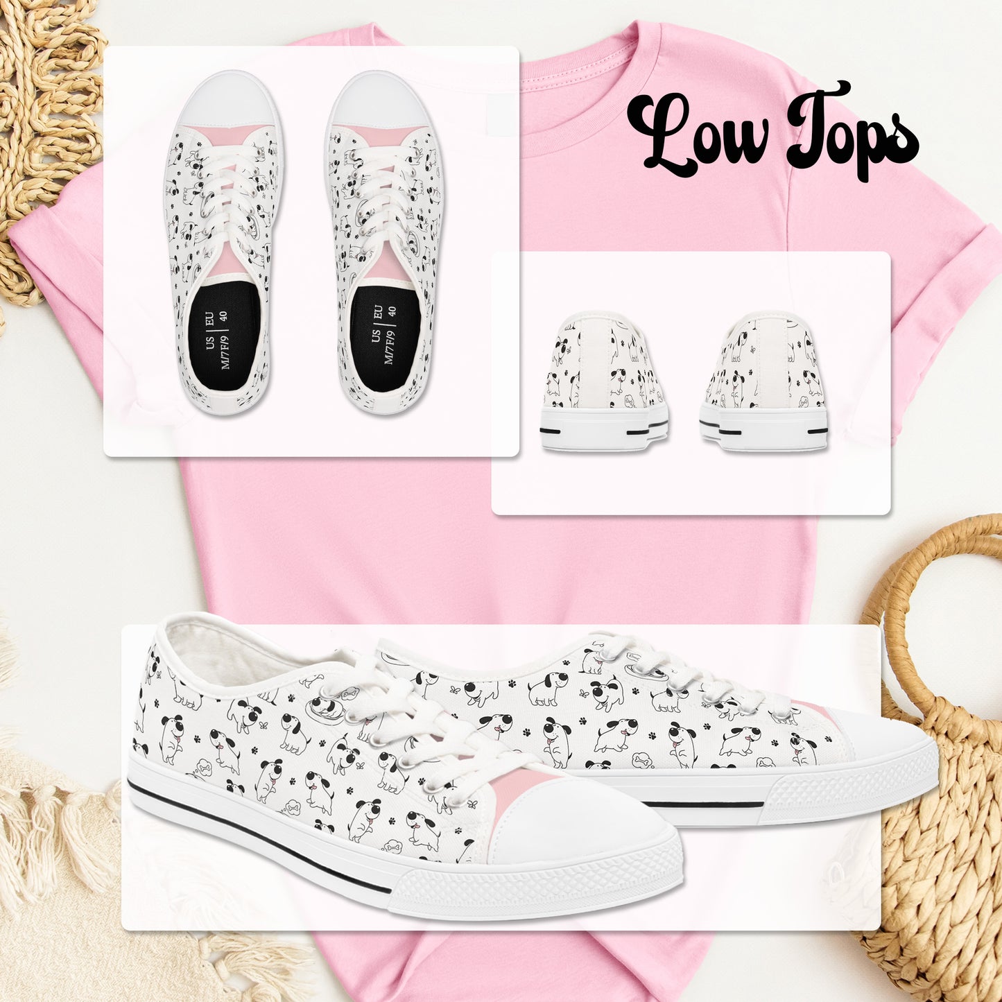 Women's Low or High Top Sneakers - Cute Black & White Cartoon Dog Pattern