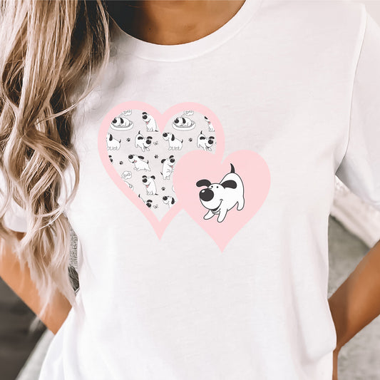 Cute Black & White Cartoon Dog with Pink Hearts