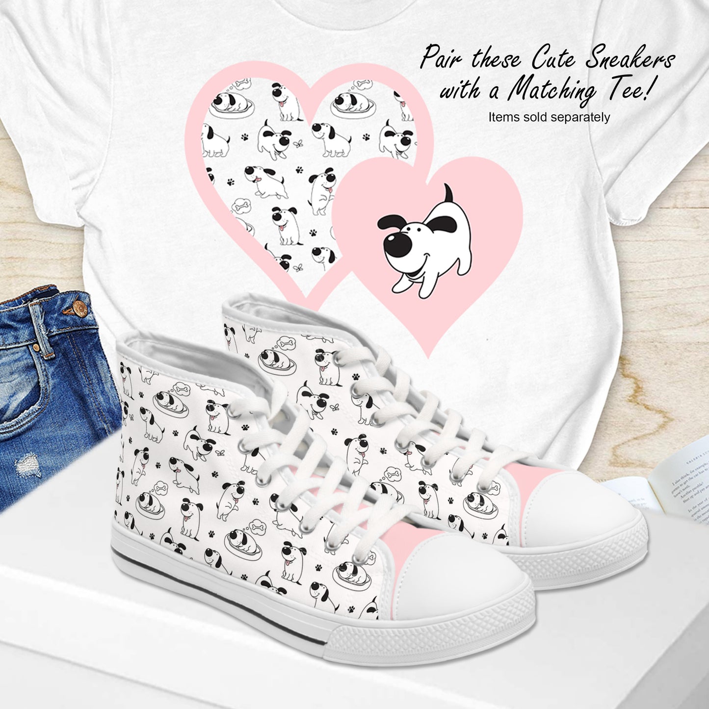 Women's Low or High Top Sneakers - Cute Black & White Cartoon Dog Pattern