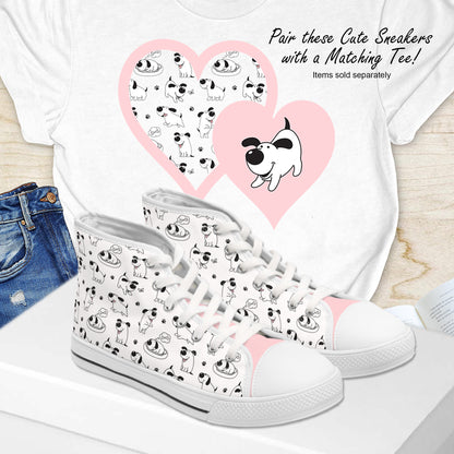 Women's Low or High Top Sneakers - Cute Black & White Cartoon Dog Pattern