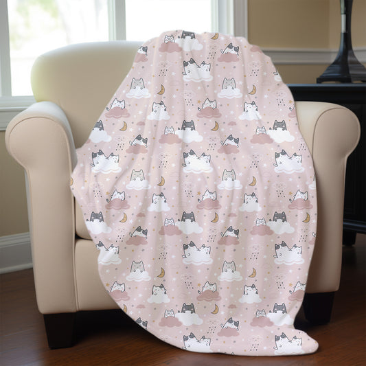 Plush Velveteen Blanket Featuring Cute Gray Kittens with Pink Background.