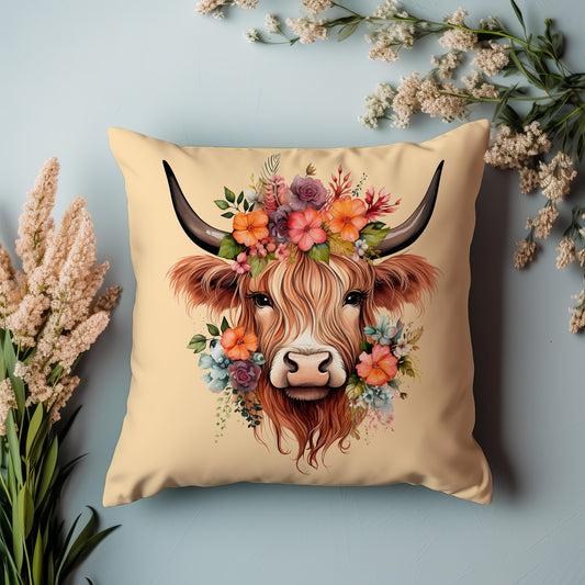 Faux Suede Square Pillow Featuring a Cute Highland Cow. Comes in two colors!
