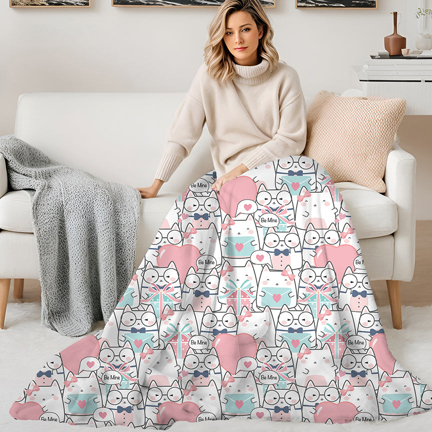 Plush Velveteen Blanket Featuring Kawaii Cats and Pink Hearts. Perfect gift for Valentine Day.