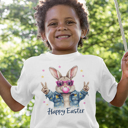 Easter Bunny Kids Tee - Happy Easter - Bunny Peace Signs Blowing Bubble