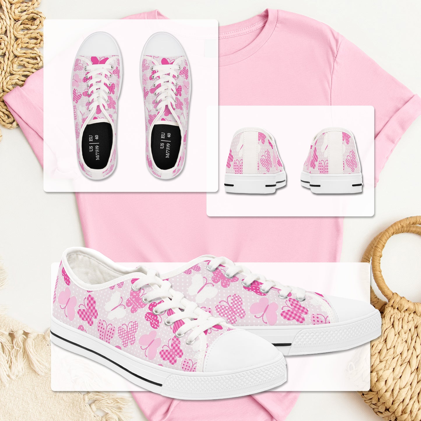Women's Low Top Sneakers - Pink Butterflies