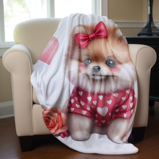 Cute Velveteen Plush Blanket Featuring a Pomeranian Puppy Dog.